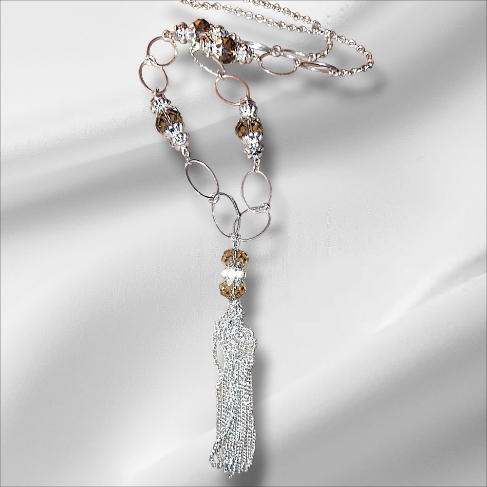 Faceted smoky bead silver tassel long Boho Chic Crystal necklace y style